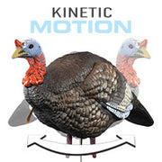 A realistic turkey decoy is shown with a motion blur effect behind it, illustrating kinetic motion. The words KINETIC MOTION appear above the turkey in bold text.