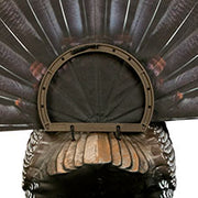 Close-up of the back of a turkey decoy, showing the attachment mechanism and detailed feathers in the tail fan.