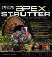 A realistic, detailed turkey decoy stands on grass with bold text reading Apex Strutter Premium Turkey Decoy. Features and product highlights are listed around the image of the decoy.