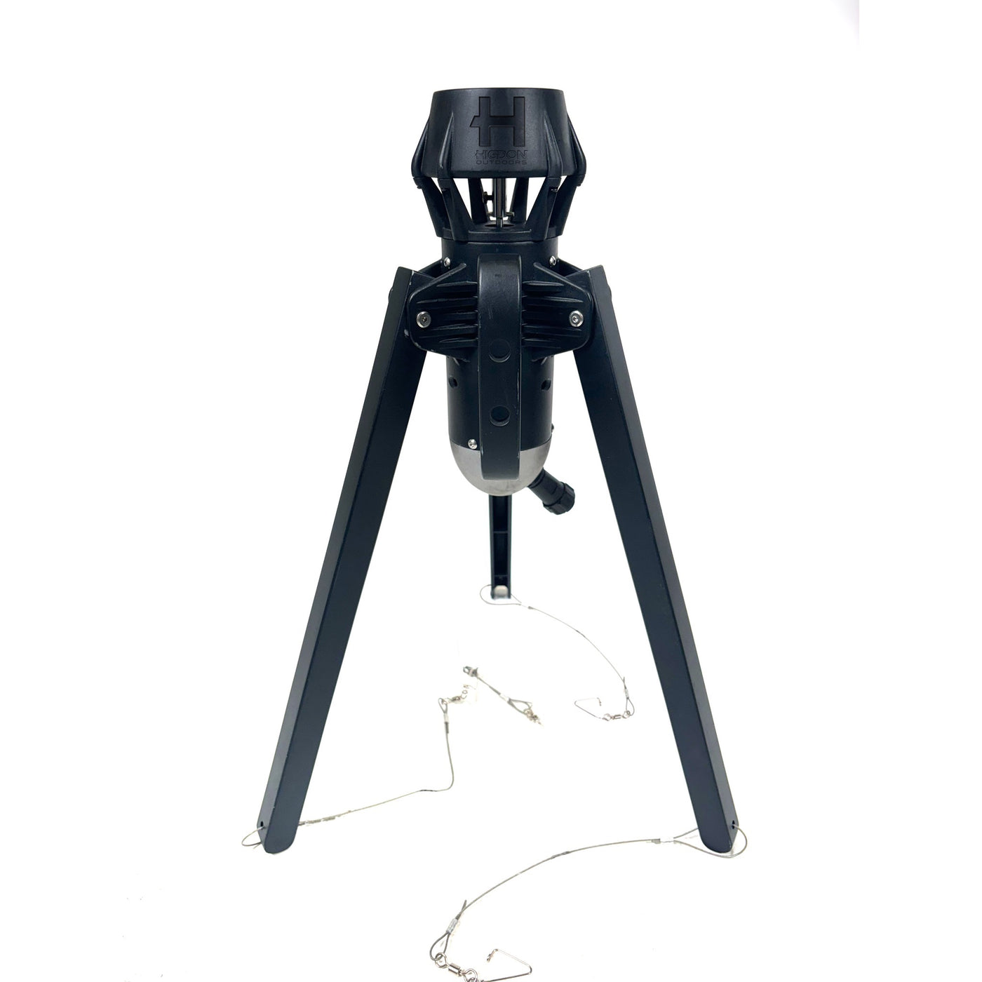 The Higdon Outdoors Motion Machine, a black tripod device with three angled legs and wire attachments, lies on the ground—an ideal water motion tool for boosting your decoy spread—shown against a white background.
