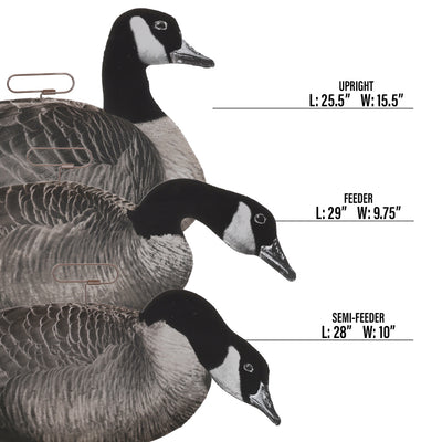 Three FLATS Canada Goose Motion Silhouette decoys by Higdon Outdoors—upright (25.5"x15.5"), feeder (29"x9.75"), and semi-feeder (28"x10")—are stacked, showcasing a flocked design for realistic movement.