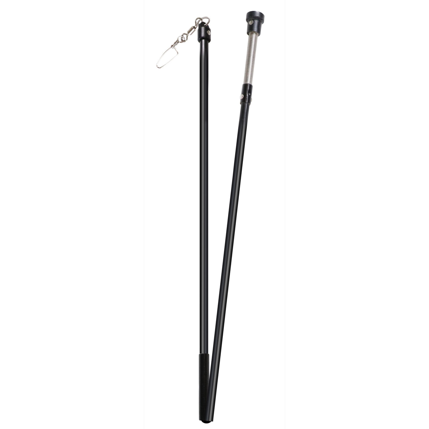 The PRO Swimmer Trailing Rod by Higdon Outdoors is shown extended, featuring a metal clip on one end and a rubberized or plastic handle at the base.