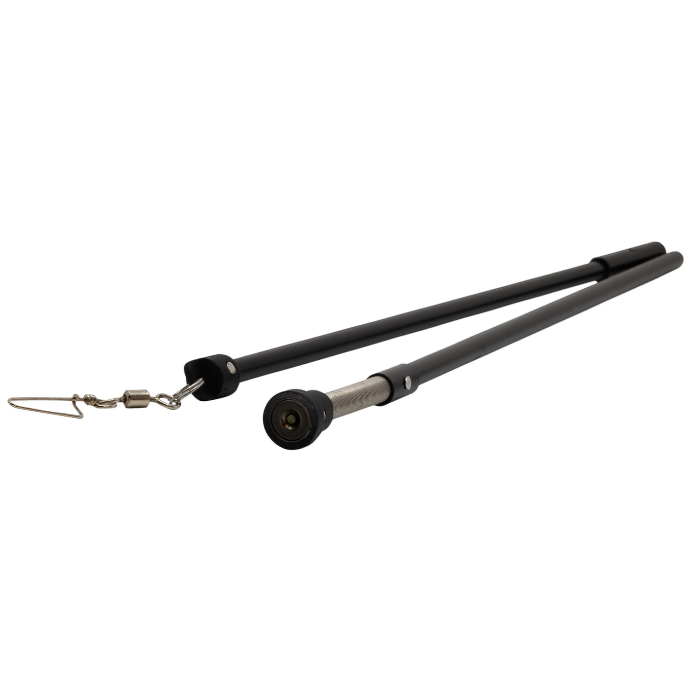 The Higdon Outdoors PRO Swimmer Trailing Rod is a black telescopic pole with a metal tip and clip attachment on one end, shown against a white background.